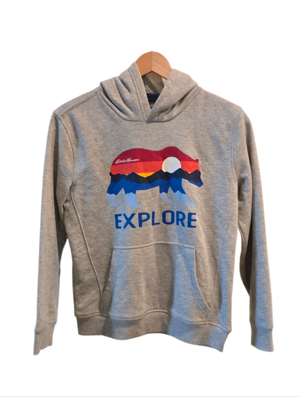 💙 EDDIE BAUER  Bear Explore Gray Hoodie Hooded Sweatshirt